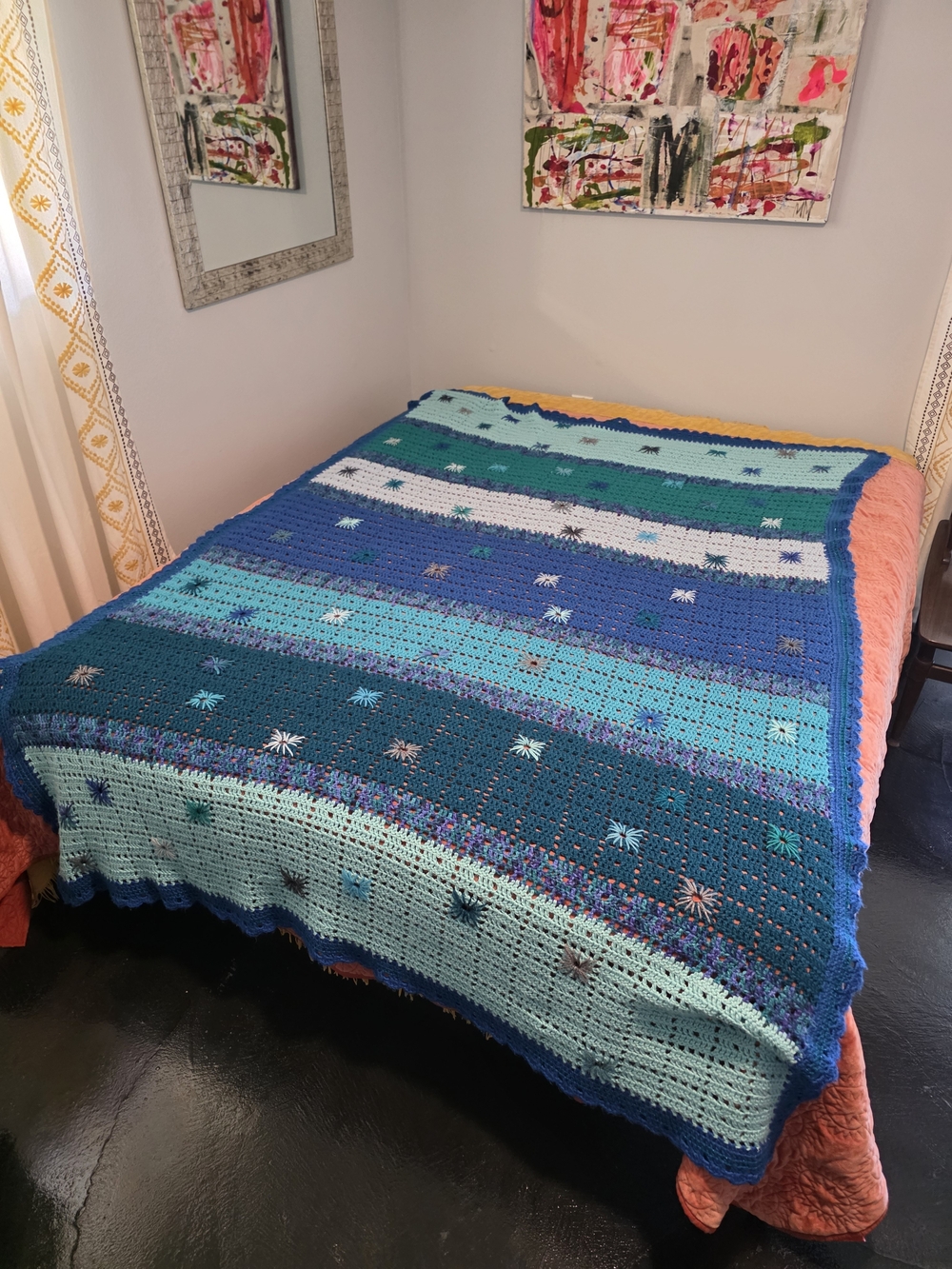 Handmade Striped Crochet Throw Blanket in Blue & Teal Whimsigoth Boho